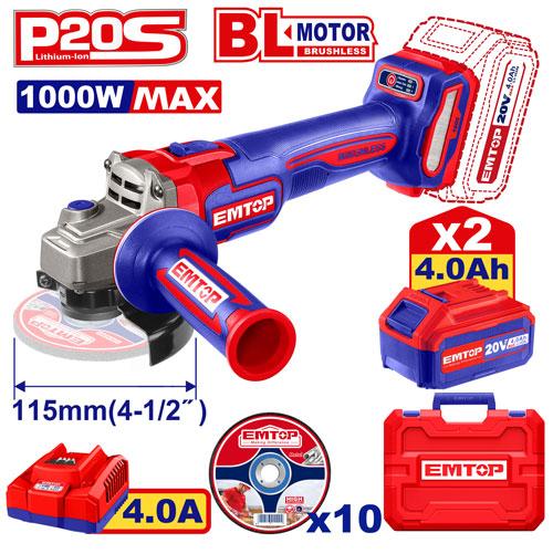 Meuleuse 115mm 1000 W sans fil 20 V + 2 batteries 4.0 Ah EMTOP Maroc - ELAG271532