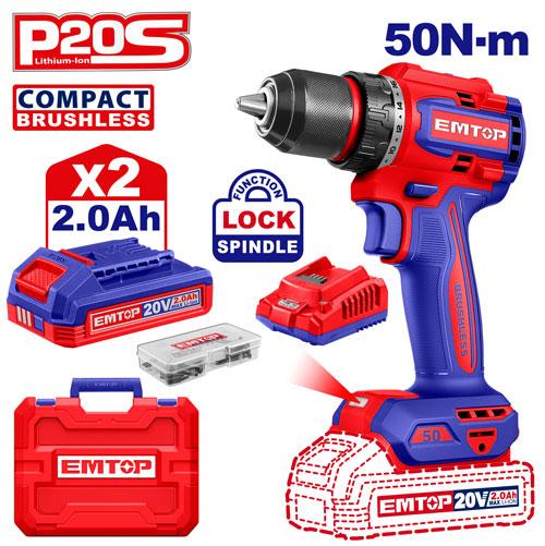 Perceuse-visseuse sans fil 20 V 50 Nm + 2 batteries 2.0 Ah EMTOP Maroc - ECDL205062
