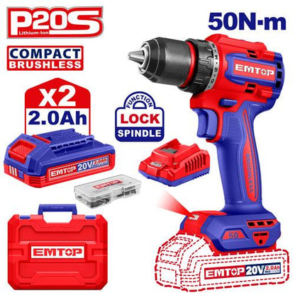 Perceuse-visseuse sans fil 20 V 50 Nm + 2 batteries 2.0 Ah EMTOP Maroc - ECDL205062