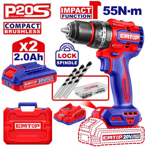 Perceuse/visseuse à percussion sans fil 20 V 55 Nm + 2 batteries 2.0 Ah EMTOP Maroc - ECIDL20558