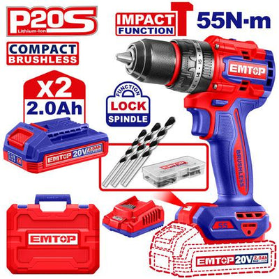 Perceuse/visseuse à percussion sans fil 20 V 55 Nm + 2 batteries 2.0 Ah EMTOP | ECIDL20558