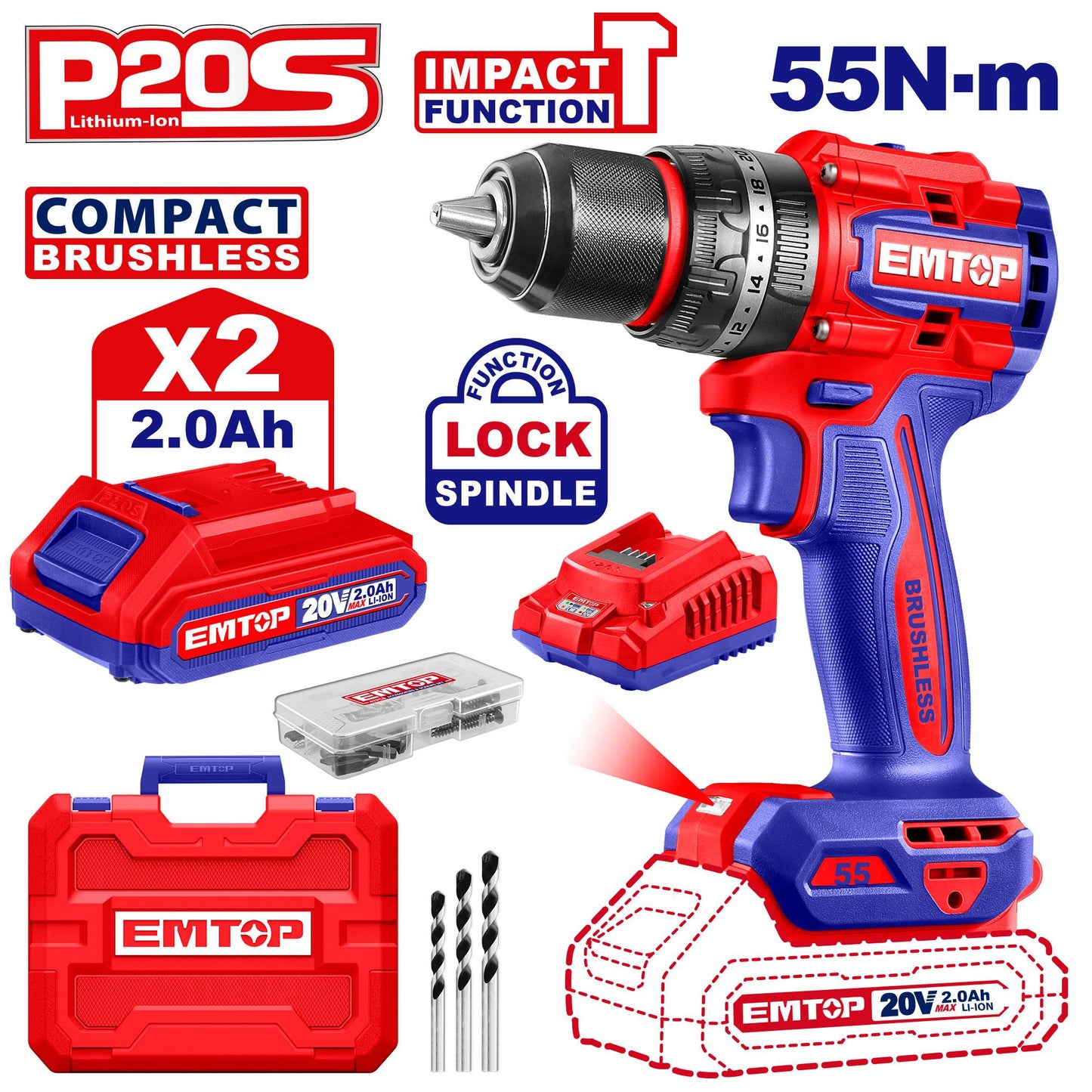 EMTOP PERCEUSE/VISSEUSE À PERCUSION SANS FIL 20V  55NM + 2 BATTERIES 2.0AH [ ECIDL20558 ] - AU MAROC - ECIDL20558