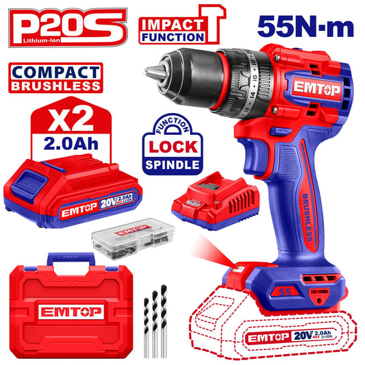 EMTOP PERCEUSE/VISSEUSE À PERCUSION SANS FIL 20V  55NM + 2 BATTERIES 2.0AH [ ECIDL20558 ] - AU MAROC - ECIDL20558