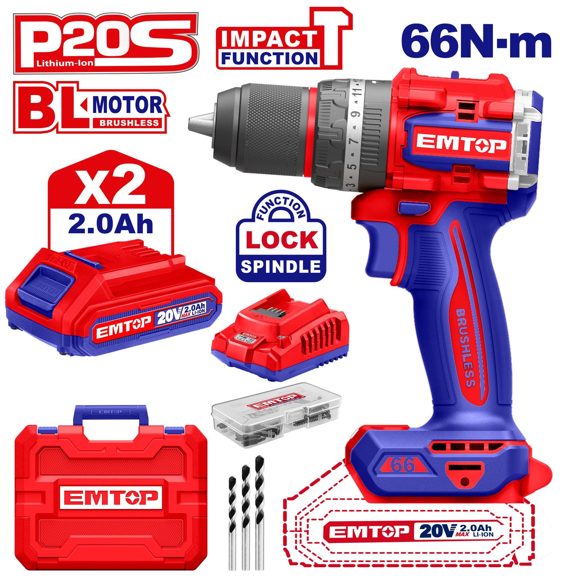 EMTOP PERCEUSE/VISSEUSE À PERCUSION SANS FIL 20V 66NM + 2 BATTERIES 2.0AH [ ECIDL20668 ] - AU MAROC - ECIDL20668