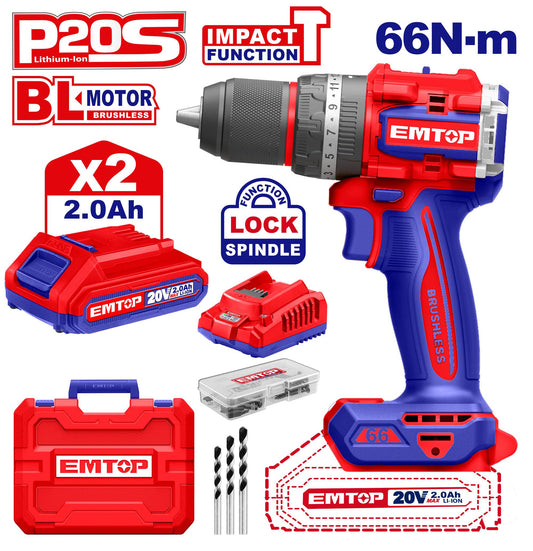 EMTOP PERCEUSE/VISSEUSE À PERCUSION SANS FIL 20V 66NM + 2 BATTERIES 2.0AH [ ECIDL20668 ] - AU MAROC - ECIDL20668