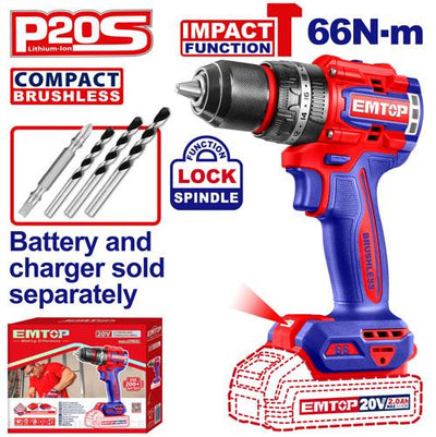 Perceuse/visseuse à percussion sans fil 20 V 66 Nm EMTOP | ECIDL206681