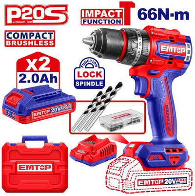 Perceuse/visseuse à percussion sans fil 20 V 66 Nm + 2 batteries 2.0 Ah EMTOP | ECIDL20668