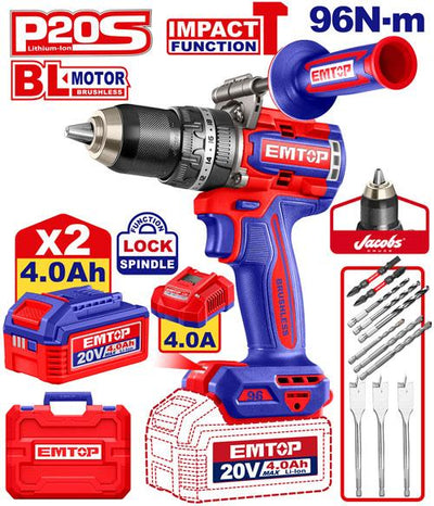 Perceuse/visseuse à percussion sans fil 20 V 96 Nm + 2 batteries 4.0 Ah EMTOP | ECIDL209686
