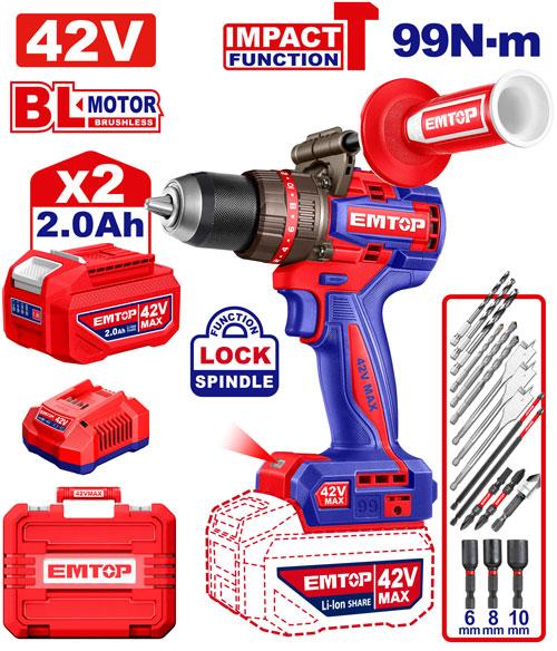 Perceuse/visseuse à percussion sans fil 42 V 99 Nm + 2 batteries 2.0 Ah EMTOP Maroc - ECIDL429982
