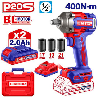 Clé à chocs 1/2" sans fil 400 Nm + 2 batteries 2.0 Ah EMTOP | ECIWL2040