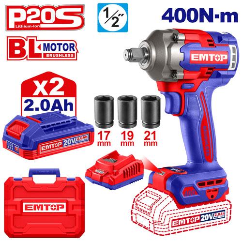 Clé à chocs 1/2" sans fil 400 Nm + 2 batteries 2.0 Ah EMTOP Maroc - ECIWL2040