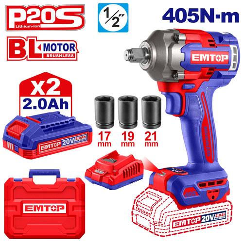Clé à chocs 1/2" sans fil 405 Nm + 2 batteries 2.0 Ah EMTOP Maroc - ECIWL2045