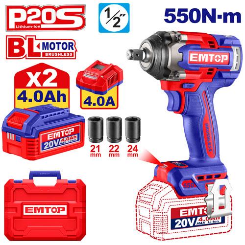 Clé à chocs 1/2" sans fil 550 Nm + 2 batteries 4.0 Ah EMTOP Maroc - ECIWL2055