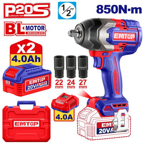 EMTOP CLÉ À CHOCS 1/2" SANS FIL 850NM + 2 BATTERIES 4.0AH [ ECIWL2085 ]