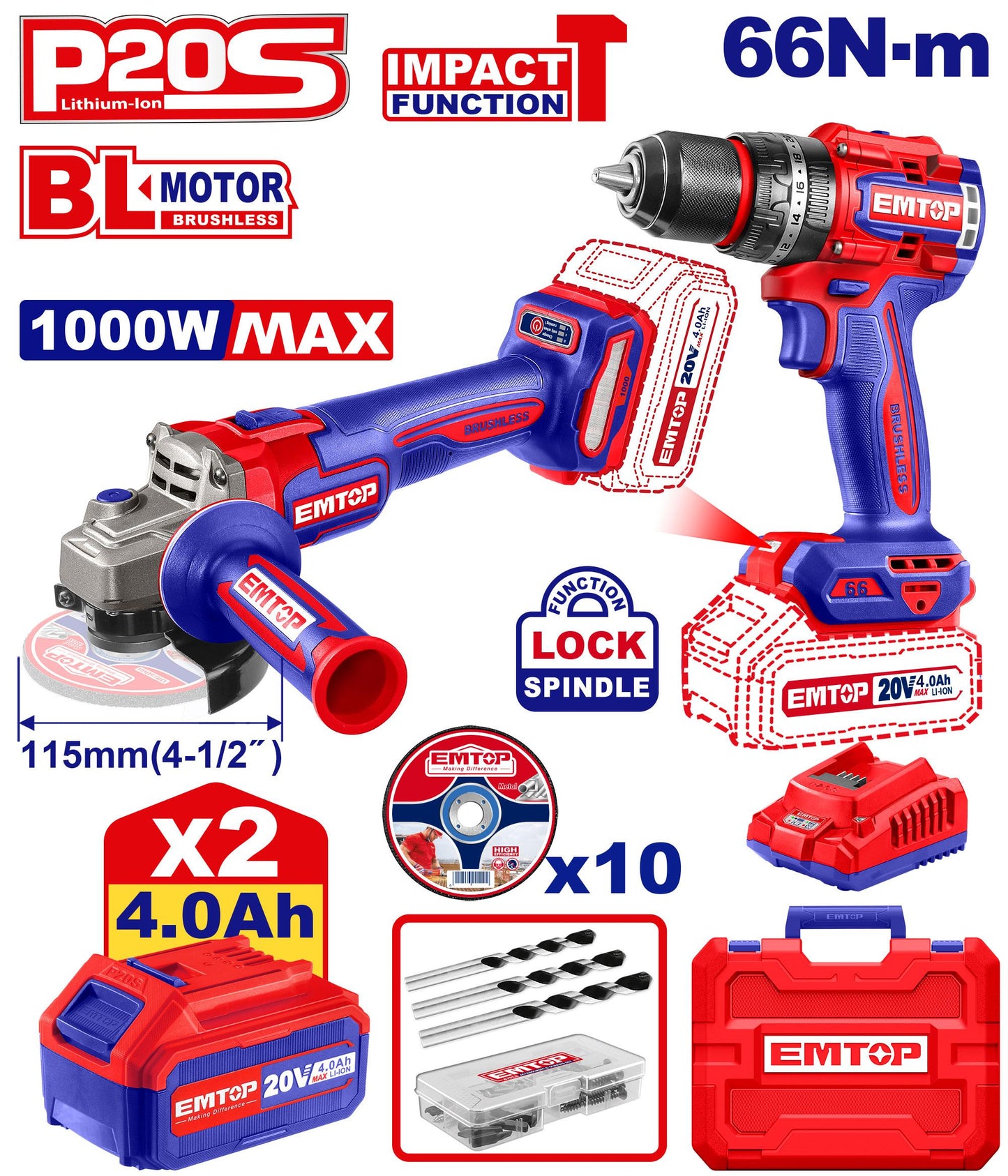 EMTOP PACK PERCEUSE À PERCUSSION 66NM + MEULEUSE 115MM + 2 BATTERIES 4.0AH [ ECKL20273 ] - AU MAROC - ECKL20273