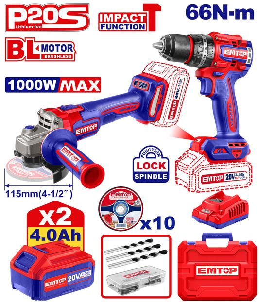 EMTOP PACK PERCEUSE À PERCUSSION 66NM + MEULEUSE 115MM + 2 BATTERIES 4.0AH [ ECKL20273 ] - AU MAROC - ECKL20273