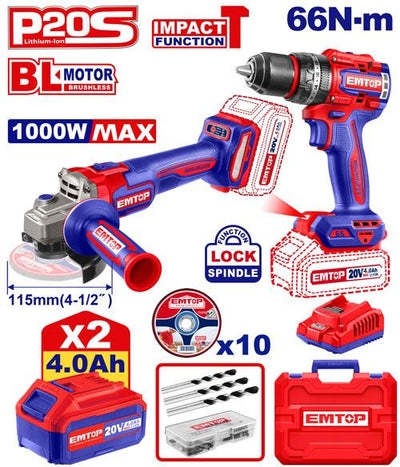 Pack perceuse à percussion 66 Nm + meuleuse 115mm + 2 batteries 4.0 Ah EMTOP | ECKL20273