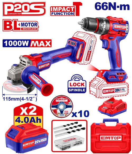 Pack perceuse à percussion 66 Nm + meuleuse 115mm + 2 batteries 4.0 Ah EMTOP Maroc - ECKL20273
