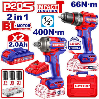 Pack visseuse à percussion 66 Nm + clé à choc 400 Nm EMTOP | ECKL20275