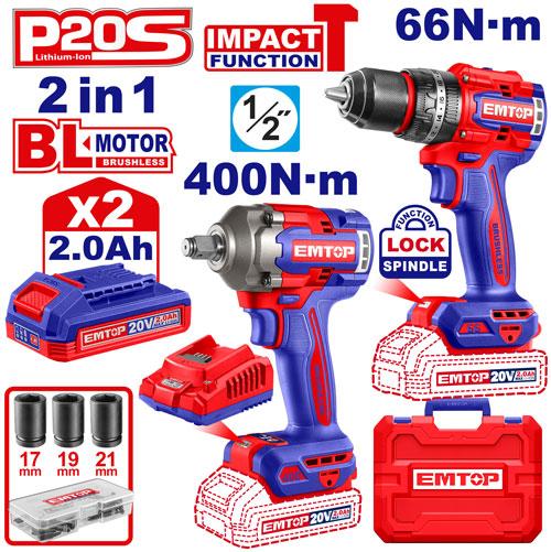 Pack visseuse à percussion 66 Nm + clé à choc 400 Nm EMTOP Maroc - ECKL20275