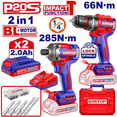 Pack perceuse à percussion 66 Nm + visseuse à choc 285 Nm + 2 batteries 2.0 Ah EMTOP | ECKL20277