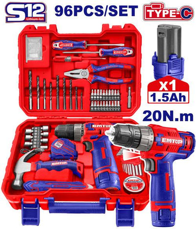 Coffret visseuse 12 V avec 96 outils & accessoires EMTOP | EEDK09601