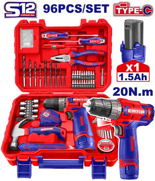 Coffret visseuse 12 V avec 96 outils & accessoires EMTOP Maroc - EEDK09601