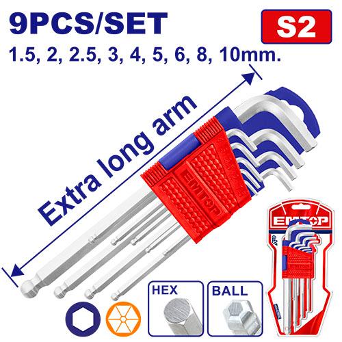 Jeu de 9 clés hexagonales à pointe sphérique extra long EMTOP Maroc - EHKY2092