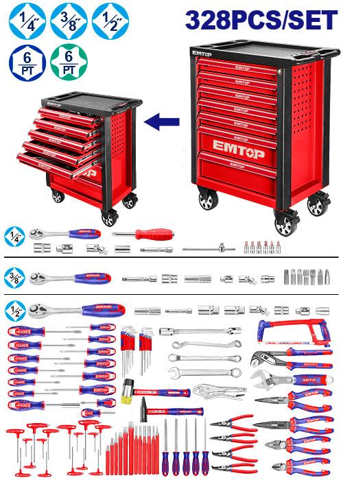 Servante d'atelier 7 tiroires + 328 pièces EMTOP Maroc - EHTS03281