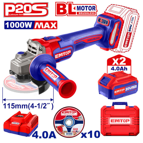 EMTOP MEULEUSE 115MM 1000W SANS FIL 20V + 2 BATTERIES 4.0AH [ ELAG271532 ] - AU MAROC - ELAG271532