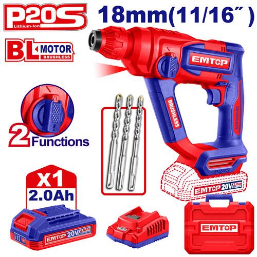 Marteau perforateur 18mm sans fil 20 V + batterie 2.0 Ah EMTOP Maroc - ELRH201881