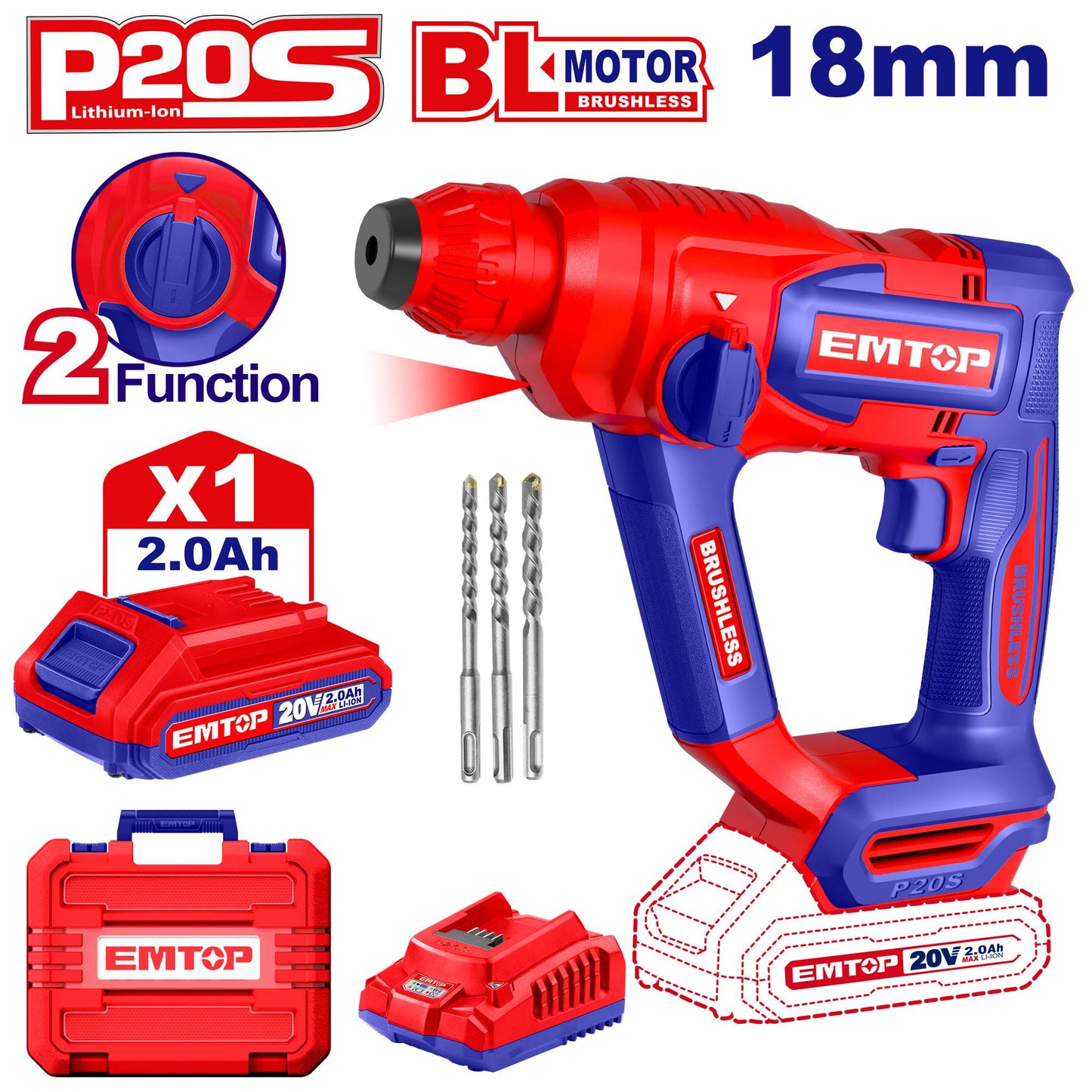 EMTOP MARTEAU PERFORATEUR 18MM SANS FIL 20V + BATTERIE 2.0AH [ ELRH201881 ] - AU MAROC - ELRH201881