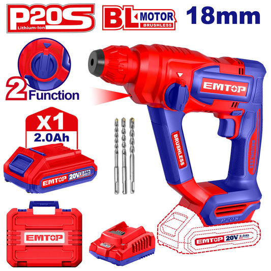 EMTOP MARTEAU PERFORATEUR 18MM SANS FIL 20V + BATTERIE 2.0AH [ ELRH201881 ] - AU MAROC - ELRH201881