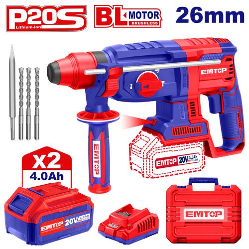 EMTOP MARTEAU PERFORATEUR 26MM SANS FIL 20V + 2 BATTERIES 4.0AH [ ELRH202287 ] - AU MAROC - ELRH202287
