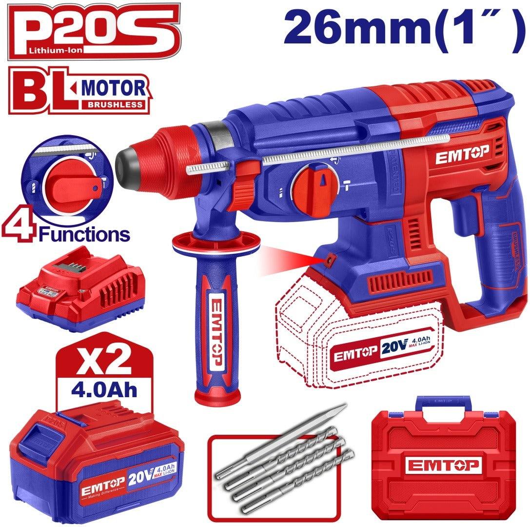 EMTOP MARTEAU PERFORATEUR 26MM SANS FIL 20V + 2 BATTERIES 4.0AH [ ELRH202682 ] - AU MAROC - ELRH202682