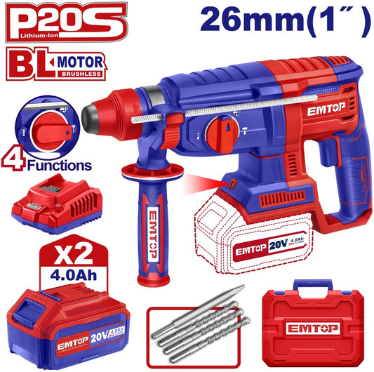 EMTOP MARTEAU PERFORATEUR 26MM SANS FIL 20V + 2 BATTERIES 4.0AH [ ELRH202682 ] - AU MAROC - ELRH202682