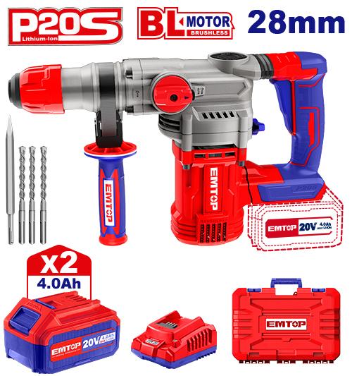 EMTOP MARTEAU PERFORATEUR 28MM SANS FIL 20V + 2 BATTERIES 4.0AH [ ELRH202882 ] - AU MAROC - ELRH202882