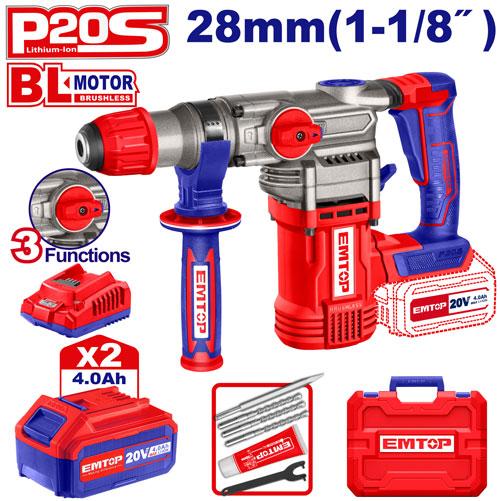 Marteau perforateur 28mm sans fil 20 V + 2 batteries 4.0 Ah EMTOP Maroc - ELRH202882