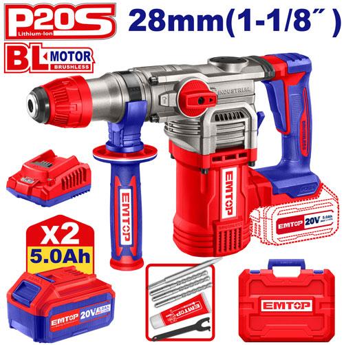 Marteau perforateur 28mm sans fil 20 V + 2 batteries 5.0 Ah EMTOP Maroc - ELRH202885