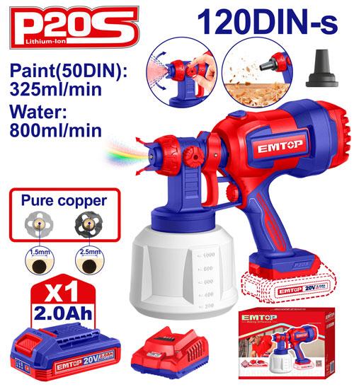 Pistolet de peinture sans fil + batterie 2.0 Ah EMTOP Maroc - ELSG20042
