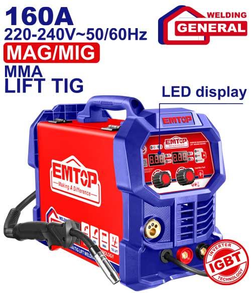 Poste à souder inverter MAG/MIG/MMA/TIG 160 A EMTOP Maroc - EMGT1652