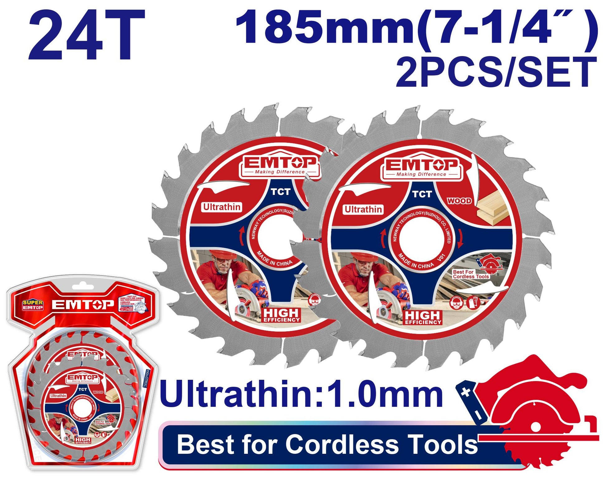 EMTOP JEU DE LAMES DE SCIE 185MM - 24 DENTS ÉPAISSEUR 1MM [ ETCT1853 ] - AU MAROC - ETCT1853